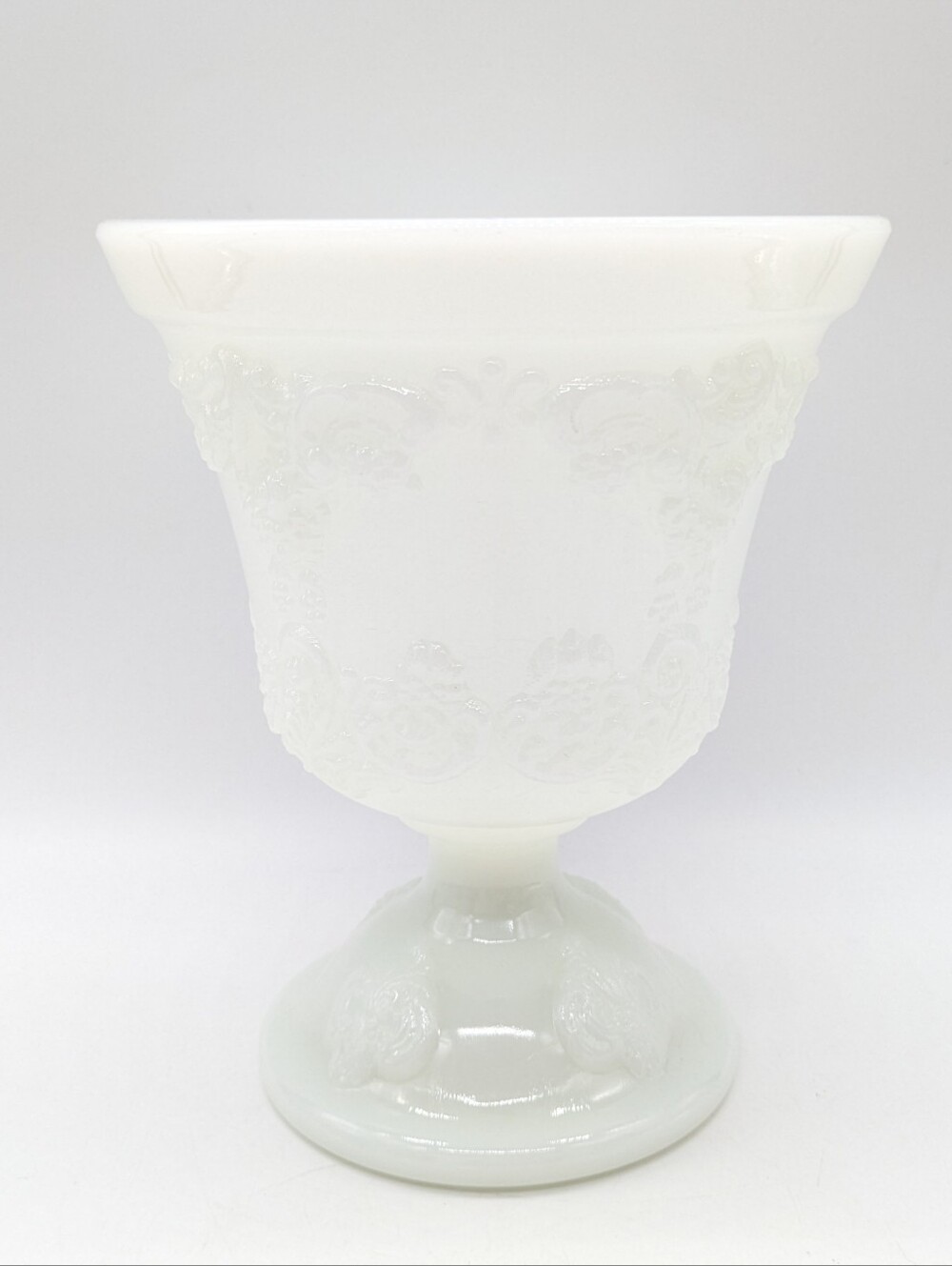 Vintage EO Brody White Milk Glass Floral & Grapevine Embossed Footed Vase